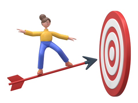 3D illustration of smiling Asian woman Angela standing on dart to achieve business goal, concept. Aim in business. Smart solution to achieve mission. Direction victory. Aiming to target.3D rendering on white background.