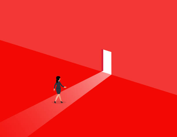 istock Success Way and freedom. Business woman walking to the exit through an open door. 1473621658