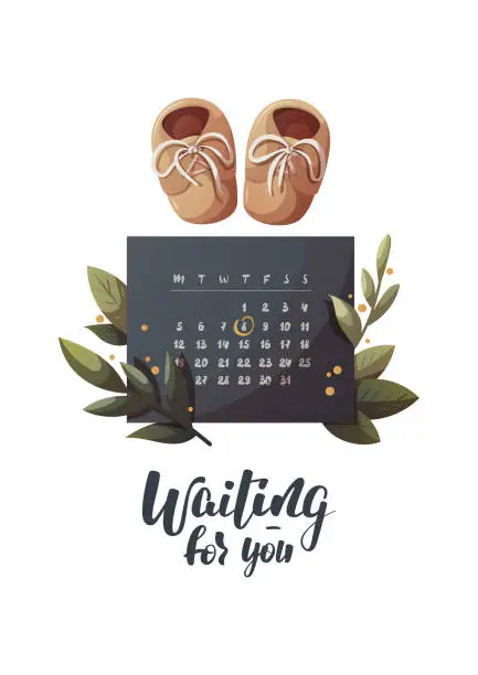 Vector illustration of Card design with Monthly Calendar and baby shoes.