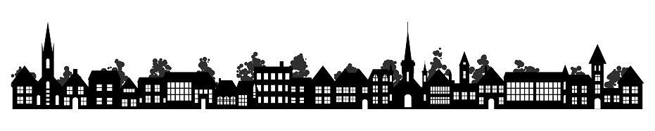 Old village rural stylized silhouette. Suburb with small house, church, tree and garden in residental district countryside neighborhood.