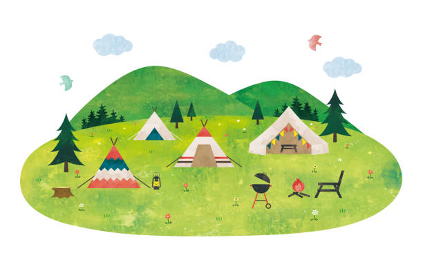 illustrations, cliparts, dessins animés et icônes de camping dans le pré aquarelle2 - grass area hill nature hiking