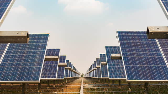 Solar panels and blue sky. Solar panels system power generators from sun