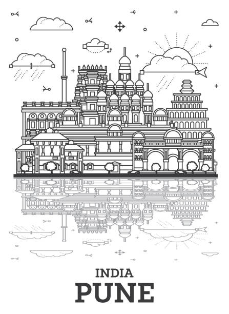 Outline Pune India City Skyline with Historic Buildings and Reflections Isolated on White. Pune Maharashtra Cityscape with Landmarks. Outline Pune India City Skyline with Historic Buildings and Reflections Isolated on White. Vector Illustration. Pune Maharashtra Cityscape with Landmarks. pune-landmark stock illustrations