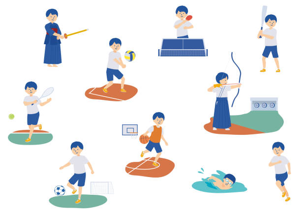 illustrations, cliparts, dessins animés et icônes de illustration d’un garçon pratiquant divers sports - tennis child athlete sport