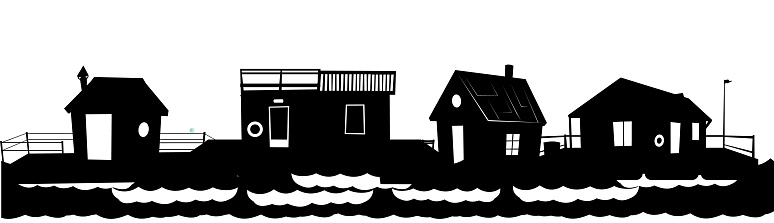 Floating house. Silhouette design. Dwelling with small courtyard on water. Isolated on white background. illustration vector