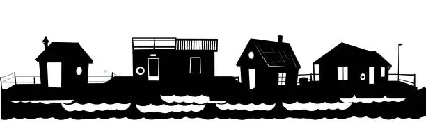 Vector illustration of Floating house. Silhouette design. Dwelling with small courtyard on water. Isolated on white background. illustration vector.