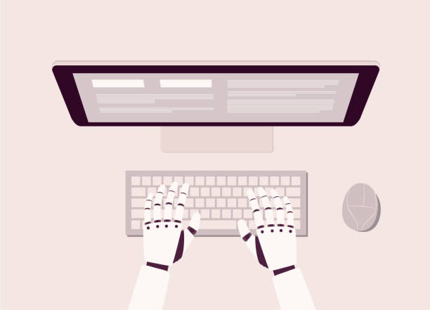Robotic’s Hand Typing On Computer Keyboard. Top View Of Both Robotic’s Hand Typing On Computer Keyboard In Front Of Desktop Monitor. Isolated On Color Background. typing on computer keyboard stock illustrations