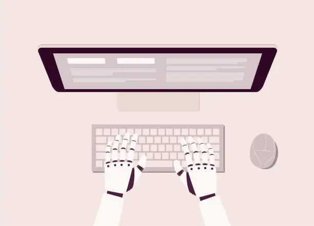 Vector illustration of Robotic’s Hand Typing On Computer Keyboard.