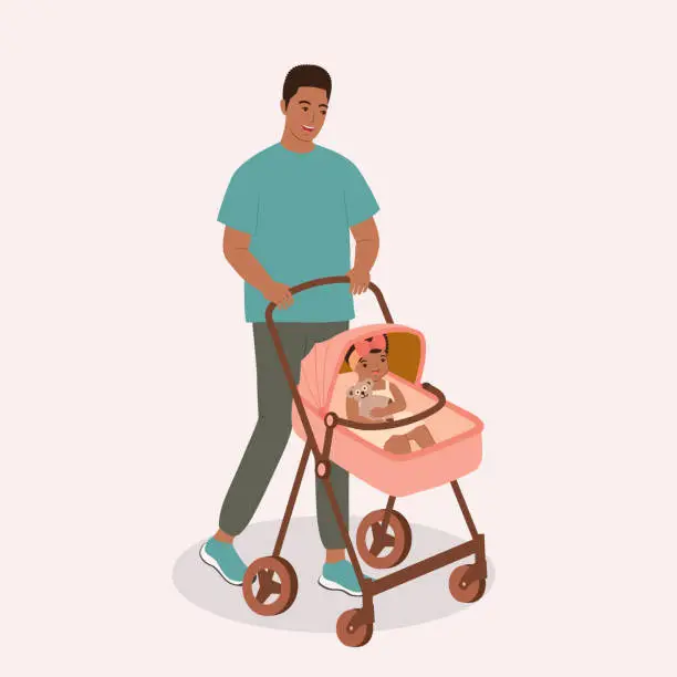 Vector illustration of Black Father Walking With His Child In A Stroller.