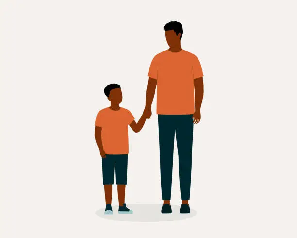 Vector illustration of Black Father Holding His Son's Hand.