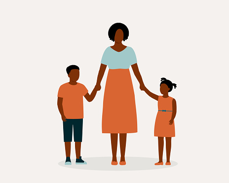 Black Mother With Two Children Holding Hands Together. Isolated On Color Background.
