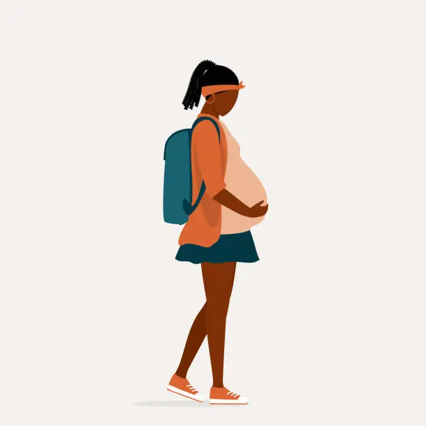 Vector illustration of Pregnant Black Teenage Girl With Backpack Walking To School.