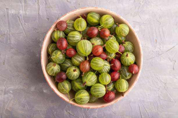 uva spina rossa e verde fresca in ciotola di ceramica su cemento grigio, vista dall'alto. - gooseberry foto e immagini stock