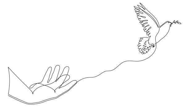 ręka z gołębiem pokoju i gałązką oliwną, jednoliniowy kontur ciągły. ręcznie rysowana palma z gołębiem, doodle nadzieja ptak znak wolności i niezależności. edytowalny obrys. - hand sign peace sign palm human hand stock illustrations