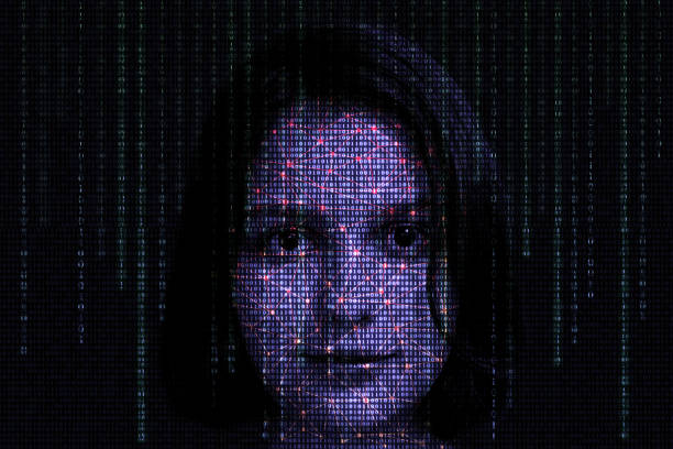 매트릭스 디지털 숫자 인공 지능 ai 테마가 있는 여성 얼굴은 인간의 얼굴을 가지고 있습니다. 컴퓨터 바이너리 코드 - computer language hologram men computer hacker 뉴스 사진 이미지