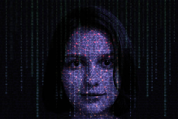 istock Female face with matrix digital numbers artifical intelligence AI theme with human face. computer binary code 1473634507