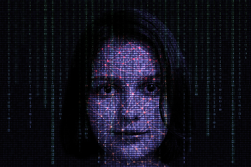 Female face with matrix digital numbers artifical intelligence AI theme with human face. The concept of artificial intelligence. dark background with computer binary code and hidden face watching