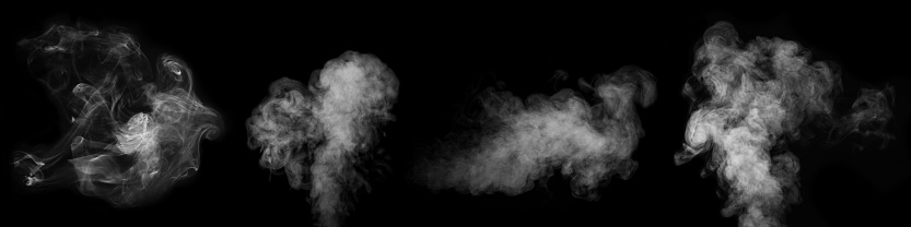 A set of different steam, smoke, gas isolated on a black background. Swirling, writhing smoke to overlay on your photos. Heart-shaped smoke. Smoky banner