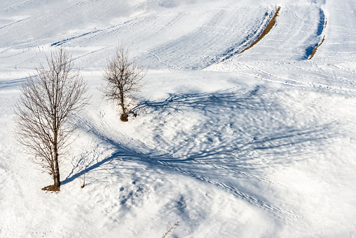 Shapes and shadows abstract form an winter field in Rhodope mountains. Bulgaria, Europe.