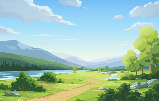 Idyllic landsapce with a footpath, a river, a small bridge, trees, bushes, hills, mountains and green meadows under a blue cloudy sky. Vector illustration with space for text.