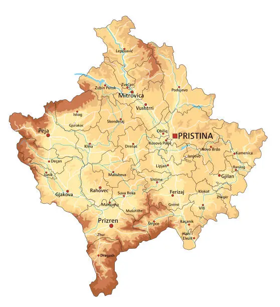 Vector illustration of Highly detailed Kosovo physical map with labeling.