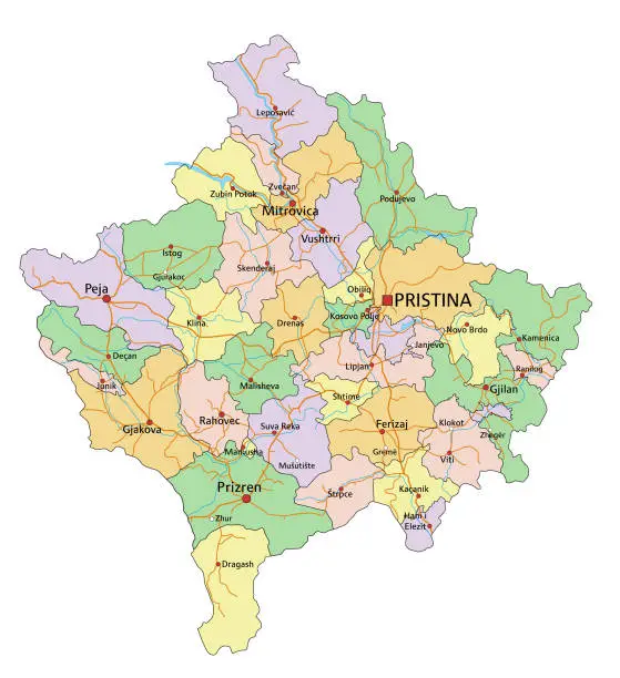 Vector illustration of Kosovo - Highly detailed editable political map with labeling.