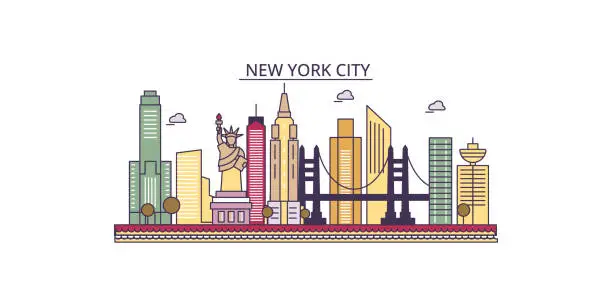 Vector illustration of United States, New York City tourism landmarks, vector city travel illustration