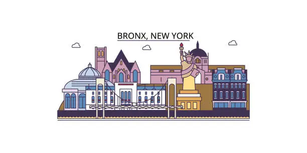 Vector illustration of United States, New York Bronx tourism landmarks, vector city travel illustration