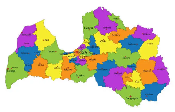 Vector illustration of Colorful Latvia political map with clearly labeled, separated layers. Vector illustration.