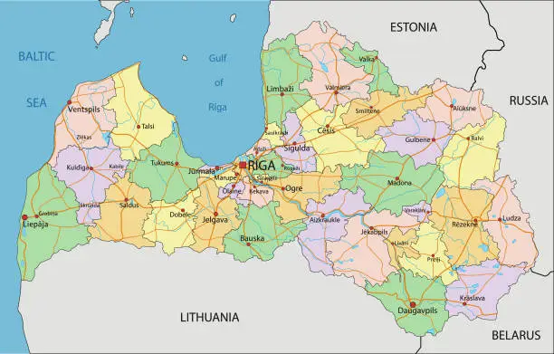 Vector illustration of Latvia - Highly detailed editable political map with labeling.