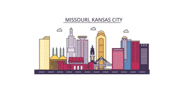 Vector illustration of United States, Kansas City tourism landmarks, vector city travel illustration