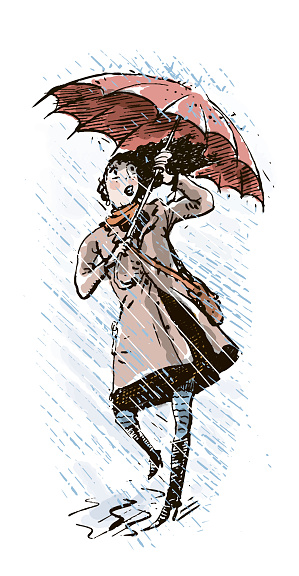 Woman with Umbrella in Heavy Stormy Rain