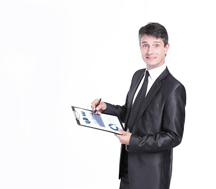 young businessman with a clipboard.isolated on white background