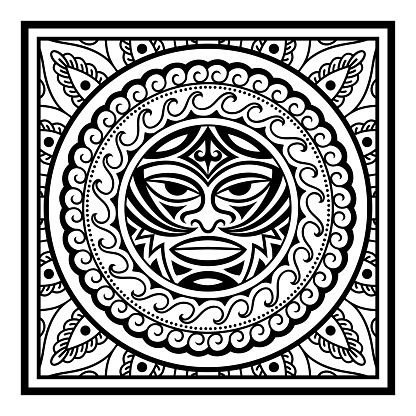 Decorative pattern with Thunder-like Tiki is symbol-mask of God for printing. Traditional tribal border of Maori people - Moko. Square ornament for bandana, silk neckerchief, tablecloth or kerchief.