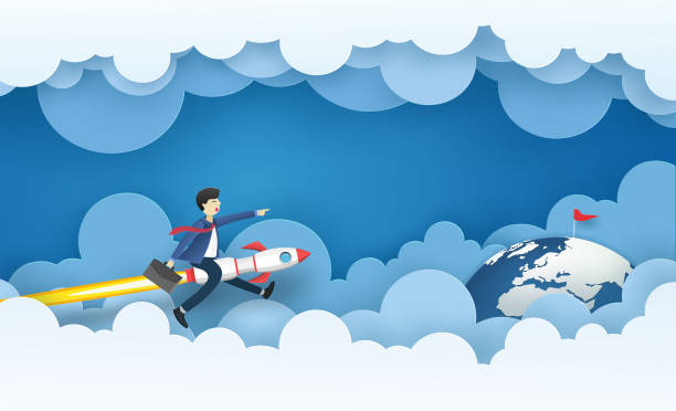 istock Business man with paper airplane launch over the cloud on the sky go to red target or landmark on earthTeam work or business concept.Vector illustrator paper art design. 1473646852