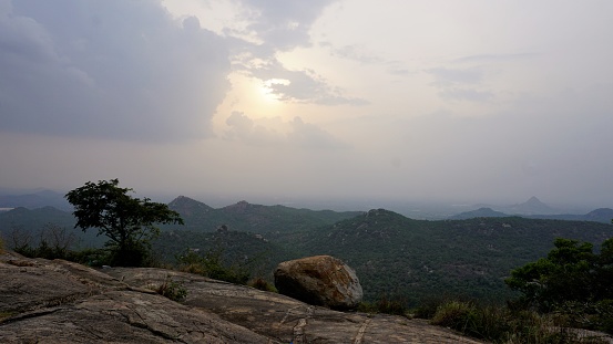 Beautiful scenic landscapes view from Avalabetta peak located in Chikaballapur, Karnataka. Picturesque Place to Trek in Serenity.