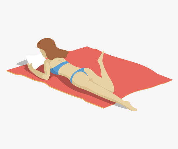 Lady taking sun bath sitting on beach having rest. Woman lying on red towel isolated on white Lady taking sun bath sitting on beach having rest. Woman lying on towel reading book isolated on white. Female in swimsuit enjoying sunbathing. Girl delighting calmness at resort alone in vacation red beach chairs stock illustrations
