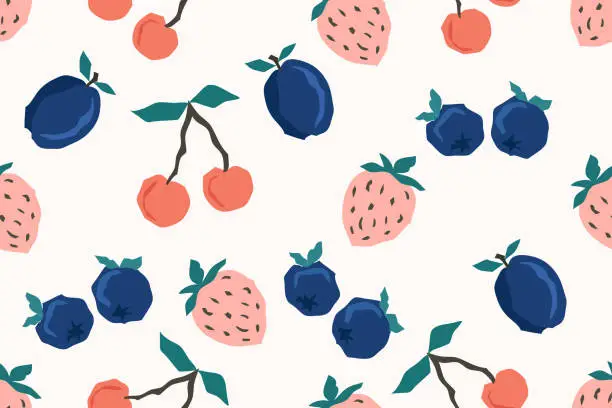 Vector illustration of Berry cherry strawberry and plum seamless pattern, kids hand drawn print for textile fabric design