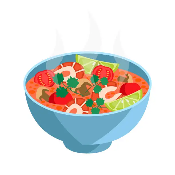 Vector illustration of Tom Yam. Soup with seafood, mushrooms and vegetables.