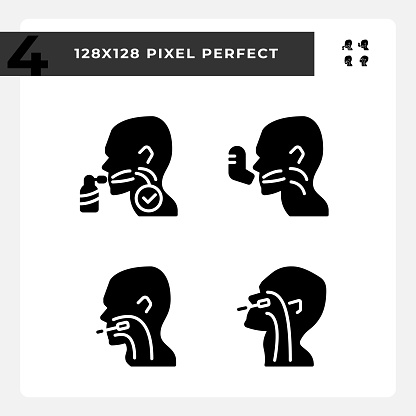 Throat examination and inhalation black glyph icons set on white space. Disease diagnostic. Medical service for patients. Silhouette symbols. Solid pictogram pack. Vector isolated illustration