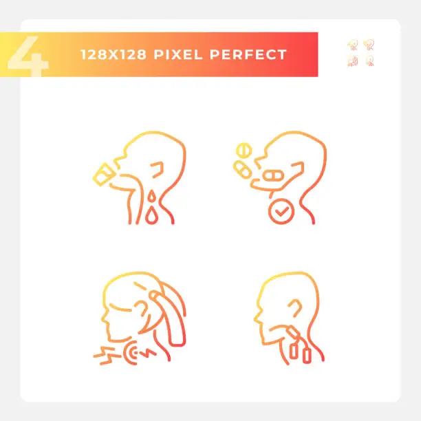 Vector illustration of Throat sickness pixel perfect gradient linear vector icons set