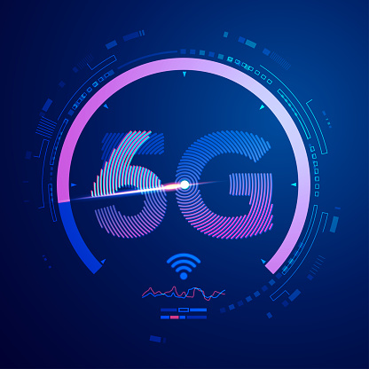 concept of communication technology or high speed wifi, graphic of 5G and 6G with speed test interface