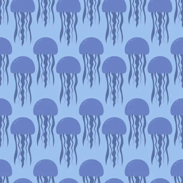 Vector illustration of Blue medusa. Seamless pattern. Endless ornament of marine invertebrates. Ðlue background.