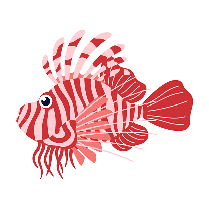 lion fish isolated on white background, beautiful aquatic character in stripes in flat style, cartoon vector illustration for any design