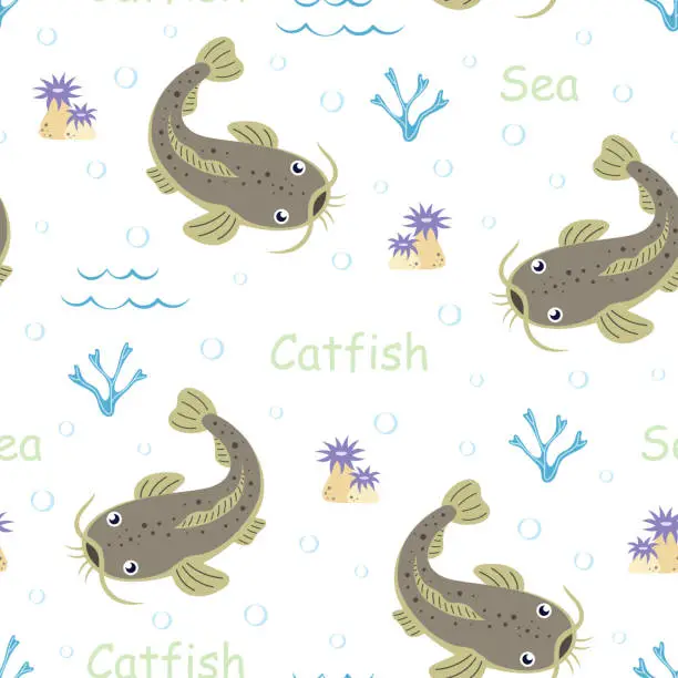 Vector illustration of cartoon seamless pattern with catfish, vector illustration