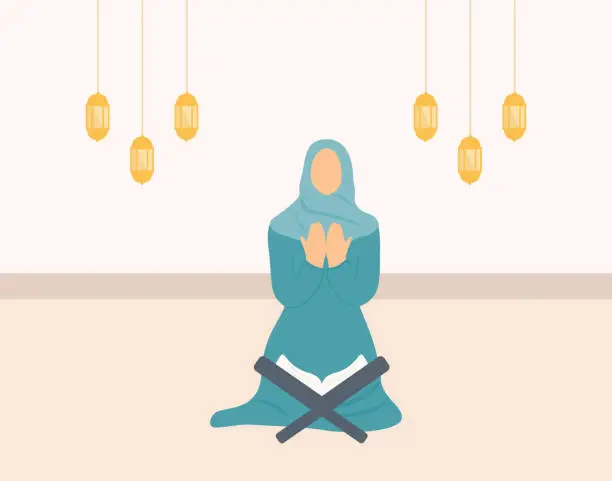 Vector illustration of Muslim Woman Reading Holy Quran And Praying To God