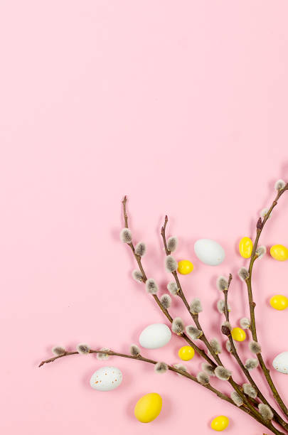 istock Easter Colorful candy chocolate eggs and brunch willow on pastel pink background. 1473651031