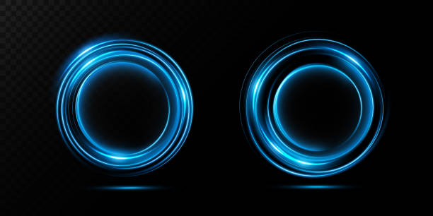 istock Magic portals on the night scene. Blue round holograms with rays of light and sparkles. Glowing futuristic teleport tunnel with copy space on black background. 1473654020