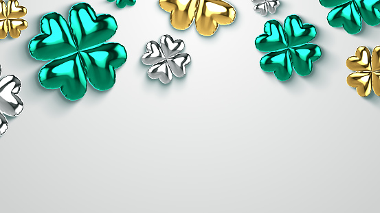Saint Patrick’s day background with clover shamrock leaves and copyspace for Irish celebrate greeting card.
