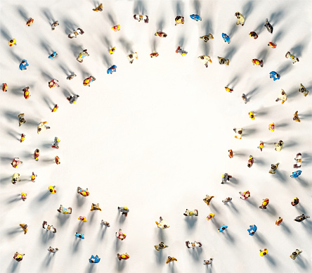 crowd of people standing in a shape of a circle. male and female characters, gathering human community. People crowd gathering in shape of a empty circle on a white background. with Copy space